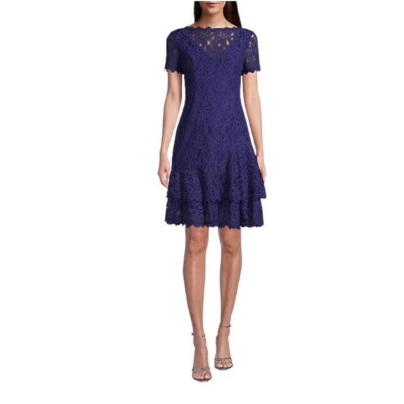 New SHANI  Floral Lace Blue Mini Dress Women Size 14 - Picture 1 of 12